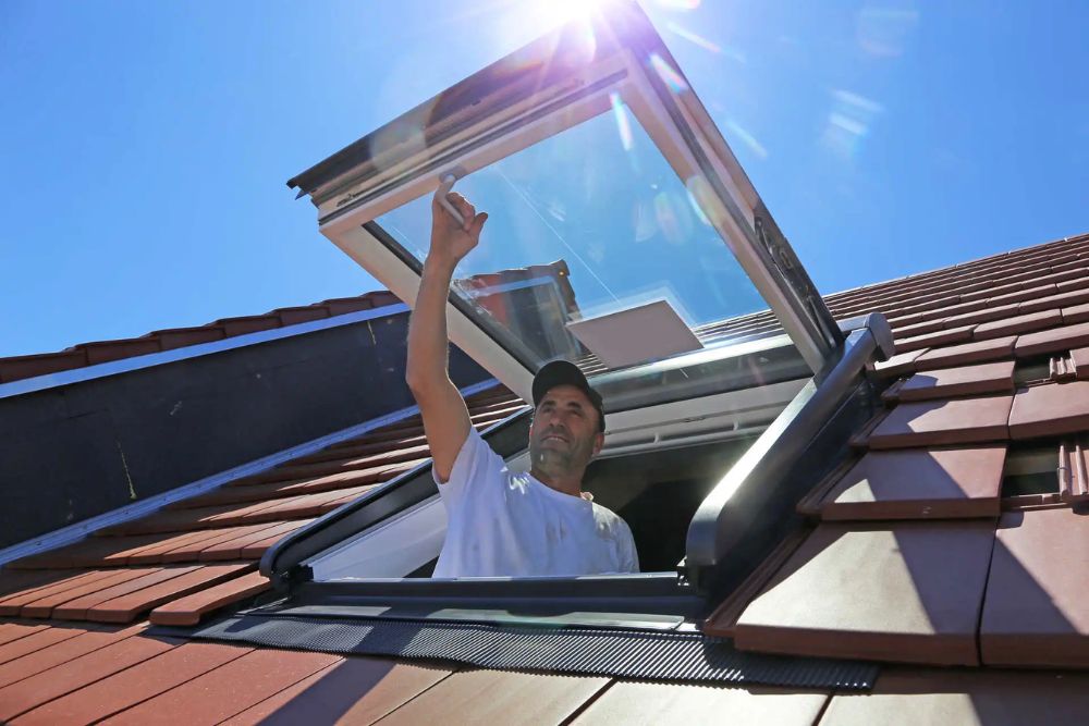 A man stands on a roof, engaged in the installation of a skylight, with a clear view of the sky above.