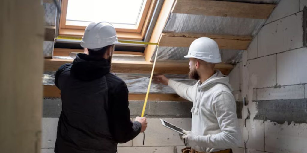 Two men in hard hats measuring the roof of a house, evaluating options for skylight installation to improve natural light.