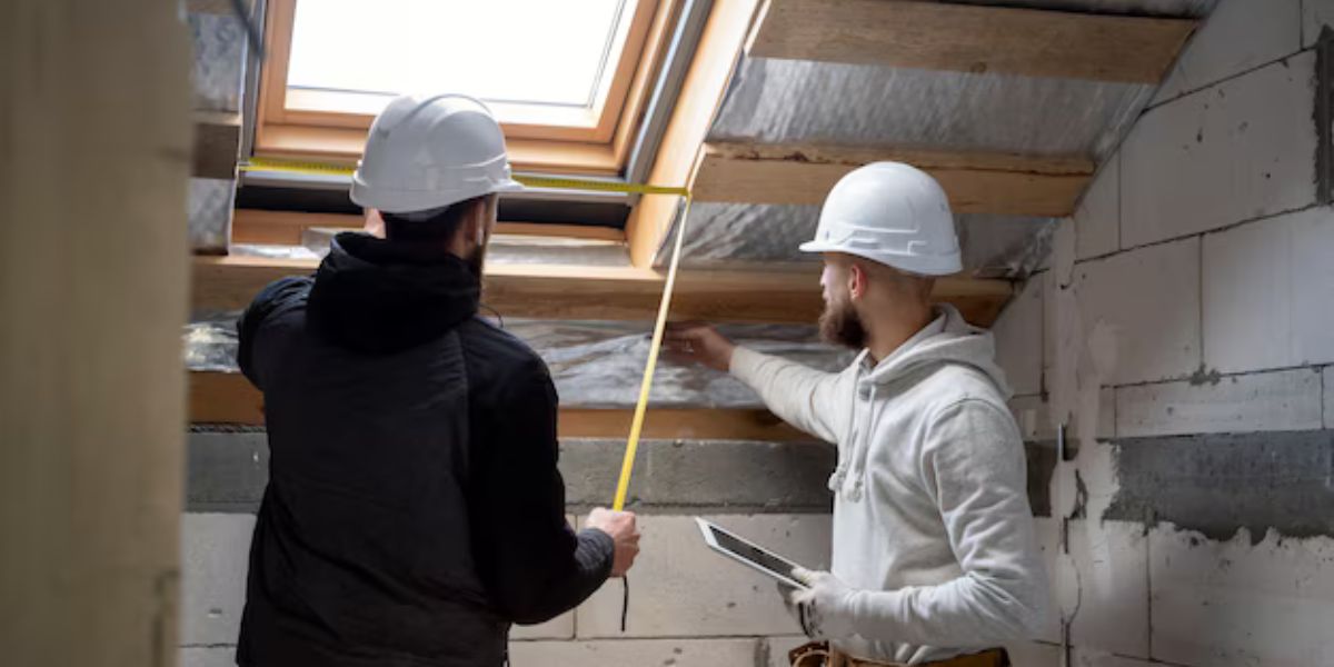 Two men in hard hats measuring the roof of a house, evaluating options for skylight installation to improve natural light.